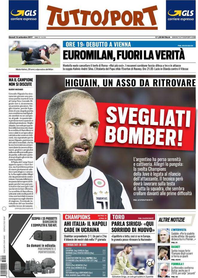 Tuttosport: Prima Pagina Del 14 Settembre 2017