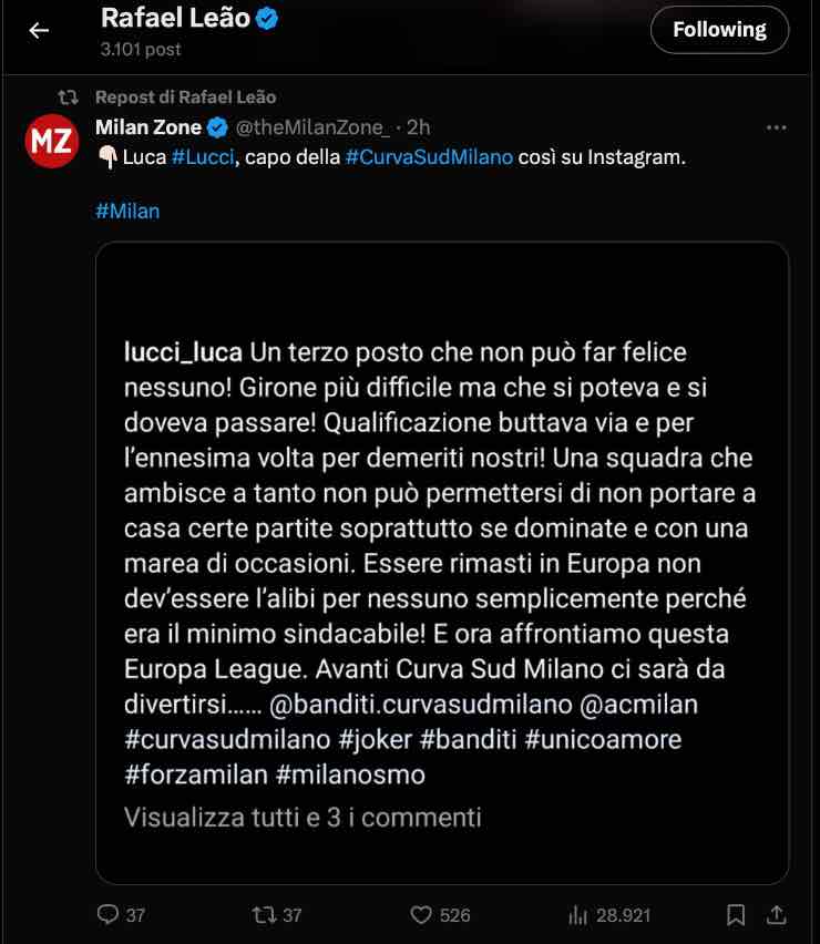 Leao, ricondiviso il post del Capo Ultras della Curva Sud